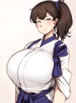  1girl blue_hakama breasts brown_hair commentary_request gradient gradient_background hakama huge_breasts japanese_clothes kaga_(kantai_collection) kantai_collection long_hair ryuun_(stiil) short_sidetail side_ponytail solo tasuki upper_body yellow_eyes 