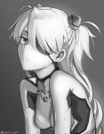  1girl :&lt; boa_(brianoa) breasts closed_mouth eyepatch grey_background greyscale hair_over_one_eye headgear leaning_forward long_hair monochrome neon_genesis_evangelion one_eye_covered pilot_suit plugsuit shikinami_asuka_langley simple_background small_breasts solo souryuu_asuka_langley twitter_username upper_body 
