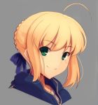  1girl ahoge artoria_pendragon_(all) blonde_hair blue_jacket boa_(brianoa) braid braided_bun closed_mouth cropped_torso eyebrows_visible_through_hair fate/stay_night fate_(series) green_eyes grey_background hair_ribbon jacket looking_at_viewer portrait purple_ribbon ribbon saber shirt sidelocks simple_background smile solo white_shirt 