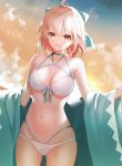  1girl ahoge bangs bikini blonde_hair blue_bow bow breasts commentary_request cowboy_shot fate/grand_order fate_(series) groin hair_between_eyes hair_bow highres koha-ace looking_at_viewer medium_breasts okita_souji_(fate) okita_souji_(fate)_(all) outdoors short_hair smile solo standing swimsuit tukise_33 white_bikini yellow_eyes 