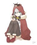  1boy 1girl add_(lord_el-melloi_ii) animal_costume antlers aqua_eyes bell black_legwear bow cape chibi christmas cigarette cloak fate_(series) fur-trimmed_cape fur-trimmed_legwear fur_trim gray_(lord_el-melloi_ii) green_eyes grey_hair highres hood hood_up lord_el-melloi_ii_case_files nemugiko on_head person_on_head plaid plaid_bow red_hood red_nose reindeer_antlers reindeer_costume santa_costume sitting smile 