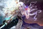  1girl black_shirt blonde_hair blue_dress blue_eyes blurry blurry_background collarbone cygnus_(maplestory) dress floating_hair hair_intakes heterochromia highres holding holding_sword holding_weapon long_hair long_sleeves looking_at_viewer maplestory parted_lips rain shirt shoulder_armor silver_hair sleeveless sleeveless_dress solo standing striped striped_dress sword vardan very_long_hair violet_eyes weapon 