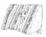  1girl bangs cemu-ro dated food greyscale monochrome no_nose original oversized_food sandwich short_hair short_sleeves simple_background solo white_background 