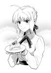  1girl ahoge artoria_pendragon_(all) blush cake fate/stay_night fate_(series) food fruit greyscale hair_ribbon holding holding_plate monochrome nishiyama_(whatsoy) plate ribbon saber smile solo strawberry 