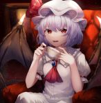  1girl bow chair cup dress eyebrows_visible_through_hair fang hat hat_bow highres holding holding_cup looking_at_viewer mozuno_(mozya_7) purple_hair red_eyes remilia_scarlet sitting slit_pupils smile teacup touhou vampire wings 