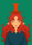  1girl akai_sashimi animal animal_on_head bangs blue_shirt closed_eyes curly_hair green_background long_hair long_sleeves octopus on_head open_mouth original parted_bangs redhead shirt simple_background smile solo upper_body 