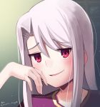 1girl blush boa_(brianoa) eyebrows_visible_through_hair fate/stay_night fate_(series) grey_hair hair_between_eyes hand_up highres illyasviel_von_einzbern long_hair looking_at_viewer parted_lips portrait red_eyes smug solo twitter_username yellow_eyes 