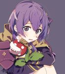  1girl ahoge ap_bar bernadetta_von_varley bow crossover earrings eyebrows_visible_through_hair eyes_visible_through_hair fire_emblem fire_emblem:_three_houses gloves hair_bow jewelry knees_to_chest leather leather_gloves long_sleeves looking_at_viewer open_mouth piranha_plant purple_background purple_hair short_hair simple_background sitting solo stuffed_toy tareme tears violet_eyes wavy_mouth 