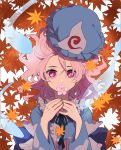  1girl autumn_leaves blue_headwear blue_kimono cherry_blossoms covering_mouth flower frills hands_up hat hat_removed headwear_removed hitodama holding holding_flower japanese_clothes joniko1110 kimono long_sleeves looking_at_viewer medium_hair mob_cap pink_eyes pink_hair saigyouji_yuyuko short_hair solo touhou triangular_headpiece upper_body white_background 