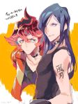  2boys bare_shoulders blue_hair choker collar gueira hair_over_one_eye hinoe_(right-hnxx03) long_hair male_focus meis_(promare) multiple_boys promare red_eyes redhead shoulder_tattoo tank_top tattoo 