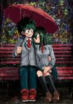  1boy 1girl arm_around_waist asui_tsuyu bench black_legwear blazer blush boku_no_hero_academia closed_eyes commentary couple english_commentary green_eyes green_hair hair_between_eyes hands_on_lap head_rest hetero highres holding holding_umbrella hong_hong jacket kneehighs leaning_on_person leaning_to_the_side loafers long_hair long_sleeves looking_at_another messy_hair midoriya_izuku necktie open_mouth outdoors pleated_skirt rain red_neckwear school_uniform shoes short_hair sitting skirt smile u.a._school_uniform umbrella 