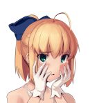  1girl absurdres ahoge artoria_pendragon_(all) blonde_hair blue_bow blush boa_(brianoa) bow embarrassed eyebrows_visible_through_hair fate/stay_night fate_(series) gloves green_eyes hair_bow hands_on_own_face highres looking_at_viewer parted_lips ponytail portrait saber solo transparent_background white_gloves 