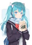  1girl bangs black_cardigan blue_eyes blue_hair bow bowtie cardigan coffee_mug cup floating_hair grey_scarf hair_bow hatsune_miku highres holding long_hair long_sleeves looking_at_viewer mug nakor. open_cardigan open_clothes open_mouth plaid plaid_scarf red_bow red_neckwear scarf shiny shiny_hair solo standing twintails upper_body vocaloid white_background white_bow 
