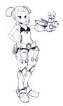  1girl armor bikini blush boa_(brianoa) breasts character_request closed_mouth copyright_request english_commentary full_body hand_on_hip highres legs_together navel oversized_forearms oversized_limbs short_hair sidelocks simple_background small_breasts smile smug solo standing swimsuit twintails v white_background 