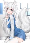  1girl :3 :d absurdres animal_ears blue_eyes blush border english_commentary fangs finger_to_cheek heart highres indie_virtual_youtuber indoors kanju looking_at_viewer lumi_(merryweather) open_mouth second-party_source silver_hair sitting skindentation smile solo tail thigh-highs virtual_youtuber white_border white_legwear window wolf_ears wolf_girl wolf_tail 