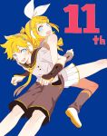  1boy 1girl :d back-to-back blonde_hair blue_eyes brother_and_sister detached_sleeves hair_ribbon headphones headset highres kagamine_len kagamine_rin leg_warmers locked_arms makimura_(miwmiw-cage) necktie open_mouth ribbon sailor_collar shorts siblings smile twins vocaloid 