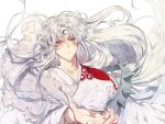  1boy closed_mouth collarbone crescent facial_mark fingernails highres inuyasha japanese_clothes kimono long_fingernails long_hair long_sleeves looking_at_viewer male_focus mgmg_1012 sesshoumaru shade simple_background solo upper_body white_background white_hair white_kimono yellow_eyes 
