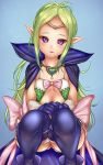  1girl blue_background bow cape circlet cute dragon_girl elf fire_emblem fire_emblem:_kakusei fire_emblem_13 fire_emblem_awakening green_hair highres intelligent_systems loli long_hair manakete nintendo nowi_(fire_emblem) parted_lips pink_bow pointy_ears shounen_(hogehoge) simple_background solo squatting violet_eyes 