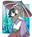  2others amanomiya_jun amanomori_shou androgynous antennae black_eyes black_hair boots cape carrying closed_eyes green_hair hat headset highres japanese_clothes len&#039;en multiple_others ougi_hina pants piggyback polka_dot rain short_hair skirt smile umbrella 