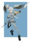 1girl bangs belt bird_tail black_gloves blue_background bodystocking collared_shirt commentary fingerless_gloves gloves grey_belt grey_hair grey_shirt grey_shorts hair_between_eyes head_wings highres holding holding_spear holding_weapon inukoro_(spa) kemono_friends leg_up long_hair looking_at_viewer multicolored_hair necktie orange_hair outside_border pantyhose polearm shirt shoebill_(kemono_friends) short_hair short_shorts short_sleeves shorts side_ponytail solo spear standing standing_on_one_leg weapon white_neckwear yellow_eyes 
