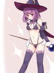  1girl bare_shoulders bikini blush boa_(brianoa) bow bowtie breasts embarrassed fate/grand_order fate_(series) feet_out_of_frame hat helena_blavatsky_(fate/grand_order) highleg highleg_bikini looking_at_viewer medium_breasts parted_lips purple_bikini purple_hair purple_legwear purple_neckwear short_hair signature solo swimsuit thigh-highs violet_eyes wavy_mouth witch_hat 