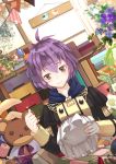  1girl absurdres bangs bernadetta_von_varley black_eyes blush button_eyes closed_mouth double-breasted drawer dutch_angle eyebrows_visible_through_hair fire_emblem fire_emblem:_three_houses fringe_trim garreg_mach_monastery_uniform glint highres holding indoors jar kero_sweet long_sleeves messy_hair needle pennant pincushion plant purple_hair school_uniform sewing sewing_needle short_hair signature smile solo stuffed_animal stuffed_toy teddy_bear upper_body 