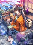  1girl bangs barefoot black_hair blurry_foreground bow bracelet cat closed_mouth collarbone day eyebrows_visible_through_hair flower hair_between_eyes hair_bow hair_flower hair_ornament haori interitio japanese_clothes jewelry kimono lens_flare long_hair long_sleeves onsen orange_bow orange_ribbon outdoors ponytail purple_ribbon red_flower ribbon shiny shiny_hair sid_story sitting smile soaking_feet solo sparkle striped striped_bow very_long_hair violet_eyes water white_flower winter 