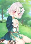  1girl :d antenna_hair bangs bare_shoulders blurry blurry_background blush bridal_gauntlets commentary_request day depth_of_field dress eyebrows_visible_through_hair flower grass green_dress hair_between_eyes hair_flower hair_ornament hand_up highres kokkoro_(princess_connect!) long_sleeves looking_at_viewer on_grass open_mouth outdoors pointy_ears princess_connect! princess_connect!_re:dive puffy_long_sleeves puffy_sleeves red_eyes see-through see-through_sleeves silver_hair sitting sleeveless sleeveless_dress smile solo suzu_(minagi) tree wariza white_flower white_legwear 