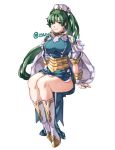  1girl boots cape closed_mouth conope dress earrings fire_emblem fire_emblem:_the_blazing_blade fire_emblem_heroes full_body green_eyes green_hair jewelry knee_boots long_hair lyn_(fire_emblem) ponytail short_sleeves simple_background smile solo twitter_username white_background 