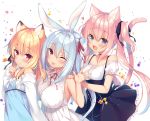  3girls :d ;p animal_ear_fluff animal_ears bangs black_ribbon black_skirt blonde_hair blue_dress blue_eyes blue_hair blush braid breasts cat_ears cat_girl cat_tail closed_mouth collared_dress dress eyebrows_visible_through_hair fanbox_reward fang fingernails fox_ears frilled_skirt frills hair_between_eyes hair_ribbon hand_up hands_on_another&#039;s_shoulders heart high-waist_skirt highres large_breasts long_hair long_sleeves medium_breasts multiple_girls neck_ribbon off-shoulder_shirt off_shoulder one_eye_closed open_mouth original paid_reward pink_hair puffy_short_sleeves puffy_sleeves rabbit_ears red_eyes red_ribbon ribbon sazaki_ichiri shirt short_sleeves skirt sleeveless sleeveless_dress sleeves_past_wrists small_breasts smile suspender_skirt suspenders tail tail_raised tongue tongue_out twintails very_long_hair white_background white_dress white_shirt 