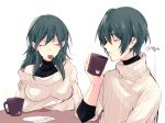  1boy 1girl alternate_costume blue_hair byleth_(fire_emblem) byleth_eisner_(female) byleth_eisner_(male) closed_eyes closed_mouth cookie cup fire_emblem fire_emblem:_three_houses food from_side holding holding_cup long_sleeves medium_hair naho_(pi988y) plate short_hair simple_background table twitter_username upper_body white_background 