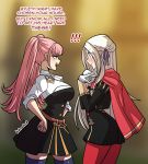  2girls artist_name belt blush breast_envy cape closed_mouth edelgard_von_hresvelg english_text fire_emblem fire_emblem:_three_houses from_side garreg_mach_monastery_uniform gloves hair_ribbon highres hilda_valentine_goneril kinkymation long_hair long_sleeves looking_at_breasts multiple_girls open_mouth pink_eyes pink_hair red_cape red_legwear ribbon thigh-highs twintails uniform wavy_mouth white_gloves white_hair 
