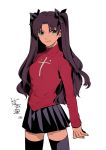  1girl black_hair black_legwear brown_hair fate/stay_night fate_(series) green_eyes hair_ribbon nishiyama_(whatsoy) pleated_skirt red_shirt ribbon shirt skirt solo thigh-highs toosaka_rin turtleneck two_side_up 