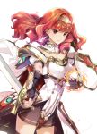  1girl black_gloves celica_(fire_emblem) closed_mouth dress fingerless_gloves fire_emblem fire_emblem_echoes:_shadows_of_valentia gloves highres holding holding_sword holding_weapon long_hair misu_kasumi red_eyes redhead simple_background solo sword tiara weapon white_background 