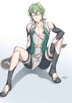  1boy absurdres boots david_(fate/grand_order) fate/grand_order fate_(series) green_eyes green_hair hairband high_collar highres male_focus shorts sitting solo staff tunic white2013 