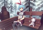  1girl arrow_to_the_knee blue_hair blush boa_(brianoa) bound bound_wrists bow character_request chestnut_mouth copyright_request crossover feet_out_of_frame forest fur_trim grey_legwear grey_shirt hair_between_eyes hair_bow hairband highres large_bow meme nature pantyhose plank pointy_ears red_bow red_eyes red_hairband red_skirt shirt short_hair short_sleeves sitting skirt snow solo_focus stuffed_animal stuffed_bunny stuffed_toy sweatdrop the_elder_scrolls the_elder_scrolls_v:_skyrim twitter_username 