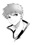  1boy emiya_shirou fate/stay_night fate_(series) greyscale high_collar jacket looking_to_the_side male_focus monochrome nishiyama_(whatsoy) portrait smile solo zipper 