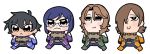  4boys :&lt; allelujah_haptism bkub black_hair blush blush_stickers bodysuit brown_eyes brown_hair chibi glasses green_eyes grey_eyes gundam gundam_00 hair_over_one_eye lockon_stratos male_focus multiple_boys purple_hair setsuna_f_seiei smile tieria_erde walking 