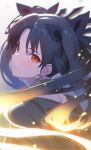  1girl bangs black_hair black_ribbon blush closed_mouth earrings ereshkigal_(fate/grand_order) fate_(series) highres jewelry long_hair red_eyes ribbon shiny shiny_hair siino toosaka_rin twintails 