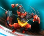  claws commentary creature english_commentary fangs fire full_body gen_7_pokemon grin incineroar jumping muscle namh no_humans pokemon pokemon_(creature) sharp_teeth smile solo teeth yellow_eyes 