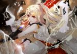  1girl black_gloves blurry blurry_background blurry_foreground floating_hair gloves highres holding holding_sword holding_weapon long_hair maplestory parted_lips ponytail red_eyes silver_hair sleeveless solo sword vardan weapon 
