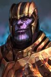  1boy armor closed_mouth gloves hankuri helmet looking_at_viewer marvel purple_skin simple_background smile solo thanos yellow_eyes 