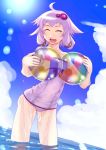  1girl ahoge ass ball bangs beachball blue_sky closed_eyes clouds collarbone day flat_chest hair_ornament highres holding light_blush open_mouth purple_hair short_hair_with_long_locks skindentation sky smile solo soon strapless strapless_swimsuit swimsuit vocaloid wading water wet yuzuki_yukari 