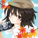  1girl autumn_leaves black_hair blue_background blush branch brown_eyes brown_headwear cabbie_hat camera fingernails from_side hat holding holding_camera kanta_(pixiv9296614) leaf looking_at_viewer maple_leaf shameimaru_aya shirt short_hair smile solo touhou upper_body white_shirt 