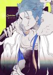  1boy blue_hair cape character_name cu_chulainn_(fate)_(all) cu_chulainn_(fate/grand_order) earrings fate/grand_order fate_(series) fingerless_gloves fur-trimmed_cape fur_trim gloves hinoe_(right-hnxx03) jewelry long_hair male_focus over_shoulder red_eyes solo staff weapon weapon_over_shoulder 