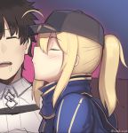  1boy 1girl ahoge artoria_pendragon_(all) baseball_cap black_headwear blonde_hair blue_jacket blush boa_(brianoa) brown_hair closed_eyes collared_jacket drooling eyebrows_visible_through_hair fate/grand_order fate_(series) from_side fujimaru_ritsuka_(male) hat highres imminent_kiss jacket mysterious_heroine_x open_mouth parted_lips ponytail profile purple_background sleeping twitter_username white_jacket 