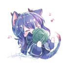  1girl animal_ears arknights bangs black_shorts blush cat_ears chibi closed_eyes dragon_tail eyebrows_visible_through_hair fingerless_gloves gloves horns keluy lying musical_note on_back shorts signature solo tail white_background yarn yarn_ball 