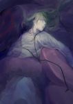  1boy absurdres bed blanket fate/grand_order fate_(series) green_hair highres kingu_(fate) long_hair looking_at_viewer lying on_back pillow solo very_long_hair violet_eyes white2013 