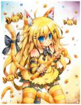  1girl ahoge animal_ears artist_name black_bow blonde_hair blue_eyes blush bow cat_ears cat_tail closed_mouth emperpep eyebrows_visible_through_hair hair_ornament hairclip halloween looking_at_viewer orange_legwear original signature smile solo striped striped_legwear tail tail_bow thigh-highs traditional_media watercolor_(medium) yellow_legwear 