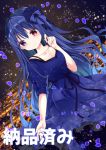  1girl bangs blue_dress blue_hair blush breasts closed_mouth collarbone copyright_request dress eyebrows_visible_through_hair frilled_dress frills hair_between_eyes hand_up heterochromia long_hair looking_at_viewer nanase_nao official_art petals puffy_short_sleeves puffy_sleeves purple_ribbon red_eyes ribbon short_sleeves small_breasts smile solo translation_request very_long_hair violet_eyes 
